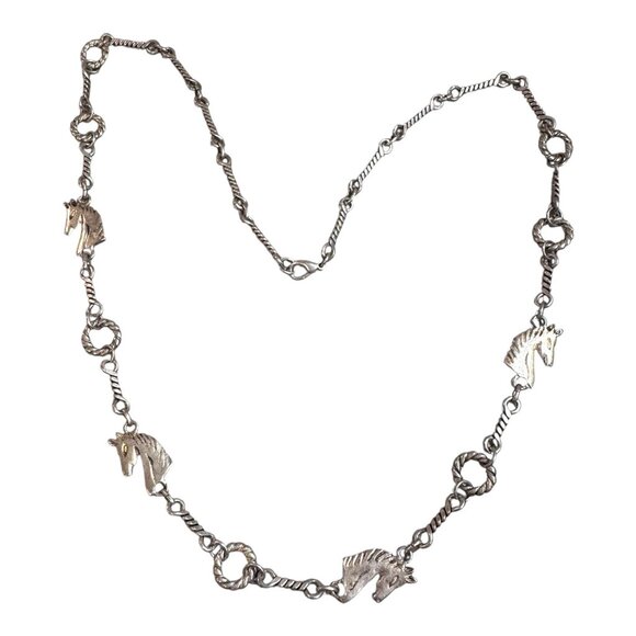Vintage Silver Horse Head Necklace Equestrian Twisted Chain Southwest 31" - Picture 1 of 8